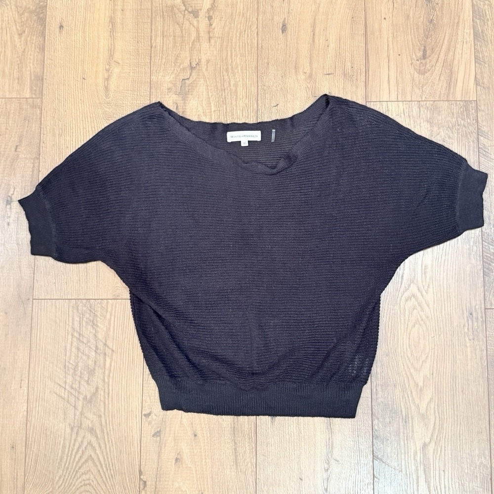 White + Warren Short Sleeve Knit Sweater Sz XS Black 100% Linen Lightweight